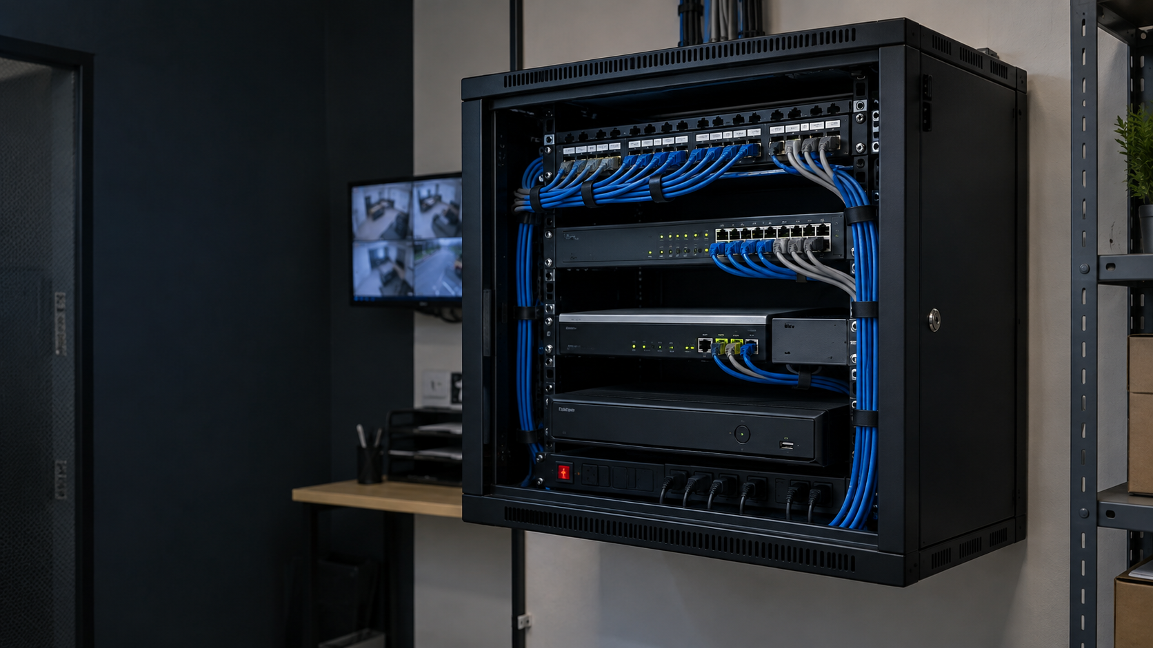 Rack de red empresarial con cableado estructurado, switch y equipo de seguridad