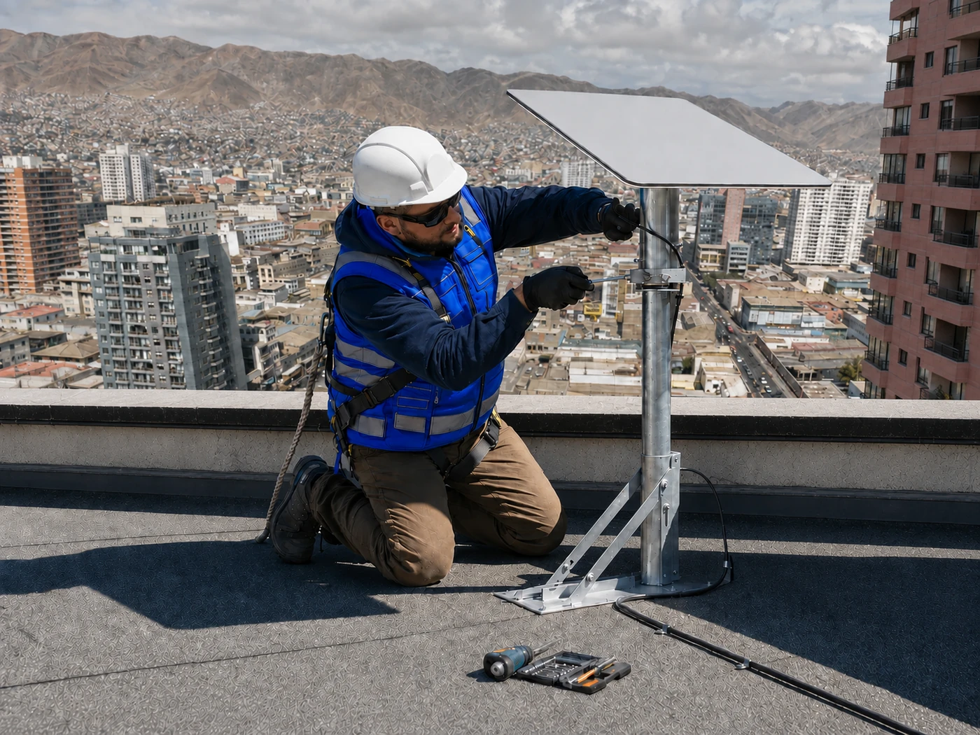 Instalador con chaleco geólogo azul configurando una antena Starlink en Antofagasta